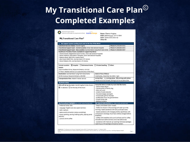 Fictitious examples of completed My Transitional Care Plans© for education and training purposes.